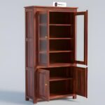 Sheesham Wood Tall Cabinet with Glass Doors and Wooden Storage for Living Room Dining Kitchen Study Display Cupboard Solid Wood Shelving Unit Home Organizer Furniture - Image 2