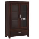 Sheesham Wood Glass Door Storage Cabinet with Shelf and Bottom Drawer for Living Room Bedroom Solid Wooden Bookcase Display Unit Home Furniture Organizer Showcase - Image 4