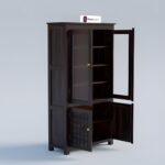 Sheesham Wood Dark Finish Storage Cabinet with Glass Doors and Geometric Carved Panels for Living Room Kitchen Dining Study Display Cupboard Multifunction Shelving Unit - Image 2