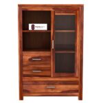 Sheesham Wood Compact Hutch Cabinet with Glass Door Storage Drawers Display Organizer for Home Dining Living Study Kitchen Furniture Solid Wooden Showcase Unit - Image 5