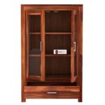 Sheesham Wood Book Cabinet with Glass Doors and Bottom Drawer for Living Room Study Office Display Storage Cupboard Solid Wood Shelving Unit Home Furniture - Image 4