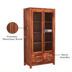 Sheesham Wood Tall Cabinet with Glass Doors and Four Drawers for Living Room Study Office Display Storage Cupboard Solid Wood Shelving Unit Bookcase Organizer Furniture - Image 5