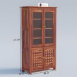Sheesham Wood Tall Cabinet with Glass Doors and Geometric Carved Panels for Living Room Kitchen Dining Study Storage Cupboard Display Shelving Furniture Unit - Image 3