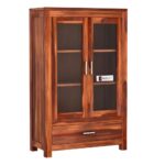 Sheesham Wood Book Cabinet with Glass Doors and Bottom Drawer for Living Room Study Office Display Storage Cupboard Solid Wood Shelving Unit Home Furniture - Image 5