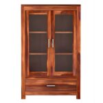 Sheesham Wood Book Cabinet with Glass Doors and Bottom Drawer for Living Room Study Office Display Storage Cupboard Solid Wood Shelving Unit Home Furniture - Image 3
