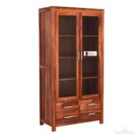 Sheesham Wood Tall Cabinet with Glass Doors and Four Drawers for Living Room Study Office Display Storage Cupboard Solid Wood Shelving Unit Bookcase Organizer Furniture - Image 2