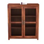 Sheesham Wood Book Cabinet with Glass Doors for Living Room Study Office Storage Display Cupboard Solid Wood Shelving Unit Compact Bookshelf Organizer Home Furniture - Image 3