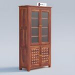 Sheesham Wood Tall Cabinet with Glass Doors and Geometric Carved Panels for Living Room Kitchen Dining Study Storage Cupboard Display Shelving Furniture Unit - Image 2