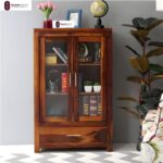 Sheesham Wood Book Cabinet with Glass Doors and Bottom Drawer for Living Room Study Office Display Storage Cupboard Solid Wood Shelving Unit Home Furniture