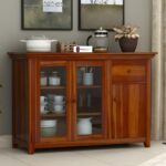 Solid Sheesham Wood Sideboard Buffet Cabinet with Glass Doors Drawer and Shelves Wooden Crockery Storage Unit for Dining Kitchen Living Room Premium Honey Finish Furniture
