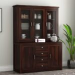 Sheesham Wood Glass Door Hutch Cabinet with Drawers and Storage Compartments for Dining Room Living Room Kitchen Home Solid Wooden Display Unit Crockery Organizer Furniture
