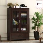 Sheesham Wood Glass Door Storage Cabinet with Shelf and Bottom Drawer for Living Room Bedroom Solid Wooden Bookcase Display Unit Home Furniture Organizer Showcase