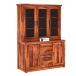 Sheesham Wood Hutch Cabinet with Glass Doors Side Storage and Four Drawers for Dining Living Kitchen Display Cupboard Solid Wood Crockery Unit Shelving Furniture Organizer - Image 3