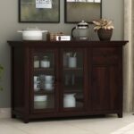 Solid Sheesham Wood Sideboard Buffet Cabinet with Glass Doors and Storage Drawer Premium Wooden Crockery Unit for Dining Room Living Room Kitchen Home Furniture