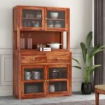 Sheesham Wood Kitchen Hutch Cabinet with Glass Door Shelves Spacious Storage Drawers Dining Crockery Display Unit for Home Living Furniture Premium Solid Wooden Organizer