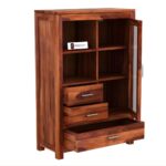 Sheesham Wood Compact Hutch Cabinet with Glass Door Storage Drawers Display Organizer for Home Dining Living Study Kitchen Furniture Solid Wooden Showcase Unit - Image 3