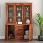 Sheesham Wood Hutch Cabinet with Glass Doors Side Storage and Four Drawers for Dining Living Kitchen Display Cupboard Solid Wood Crockery Unit Shelving Furniture Organizer