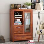 Sheesham Wood Compact Hutch Cabinet with Glass Door Storage Drawers Display Organizer for Home Dining Living Study Kitchen Furniture Solid Wooden Showcase Unit