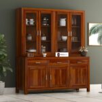 Solid Sheesham Wood Hutch Cabinet with Glass Doors and Large Storage Drawers Wooden Crockery Unit for Dining Room Kitchen Display Sideboard Home Furniture