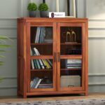 Sheesham Wood Book Cabinet with Glass Doors for Living Room Study Office Storage Display Cupboard Solid Wood Shelving Unit Compact Bookshelf Organizer Home Furniture