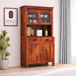 Solid Wood Crockery Cabinet with Glass Doors & Storage Drawers for Dining Room, Kitchen & Living Room | Honey Finish | 111.8 x 50.8 x 182.9 cm