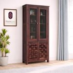 Sheesham Wood Tall Storage Cabinet with Glass Doors and Handcrafted Woven Panels for Living Room Kitchen Dining Study Display Organizer Cupboard Shelving Unit