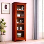 Sheesham Wood Tall Glass Door Cabinet with Multiple Shelves Slim Storage Unit for Living Room Kitchen Dining Room Home Solid Wooden Display Furniture Organizer Showcase