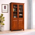 Sheesham Wood Tall Cabinet with Glass Doors and Wooden Storage for Living Room Dining Kitchen Study Display Cupboard Solid Wood Shelving Unit Home Organizer Furniture