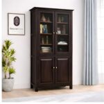 Solid Sheesham Wood Glass Door Cabinet with Shelves Wooden Bookshelf Crockery Storage Cupboard for Living Room Dining Kitchen Organizer Premium Brown Finish Furniture