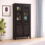 Sheesham Wood Dark Finish Storage Cabinet with Glass Doors and Geometric Carved Panels for Living Room Kitchen Dining Study Display Cupboard Multifunction Shelving Unit