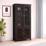 Sheesham Wood Tall Storage Cabinet with Glass Door Shelves Woven Panel Lower Cupboard for Living Dining Kitchen Home Furniture Display Organizer Premium Wooden Unit