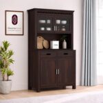 Solid Wood Kitchen Cabinet Crockery Unit with Glass Doors & Storage Drawers for Dining Room and Living Room | Multipurpose Hutch Cabinet | Walnut Finish (44 x 20 x 72 Inch)