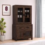 Solid Wood Crockery Cabinet with Glass Doors & Storage Drawers for Dining Room, Kitchen & Living Room | Dark Walnut Finish | 90 x 50 x 175 cm