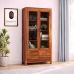 Sheesham Wood Tall Cabinet with Glass Doors and Four Drawers for Living Room Study Office Display Storage Cupboard Solid Wood Shelving Unit Bookcase Organizer Furniture