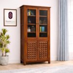 Sheesham Wood Tall Cabinet with Glass Doors and Geometric Carved Panels for Living Room Kitchen Dining Study Storage Cupboard Display Shelving Furniture Unit