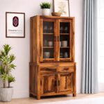 Solid Wood Crockery Cabinet with Glass Doors & Storage Drawers for Dining Room, Kitchen & Living Room | Honey Finish | 90 x 50 x 175 cm