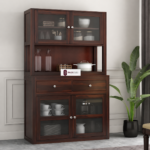 Sheesham Wood Hutch Cabinet with Upper Glass Doors Large Storage Shelf Unit Tall Display Cupboard Sideboard Buffet for Dining Living Room Home Kitchen Furniture